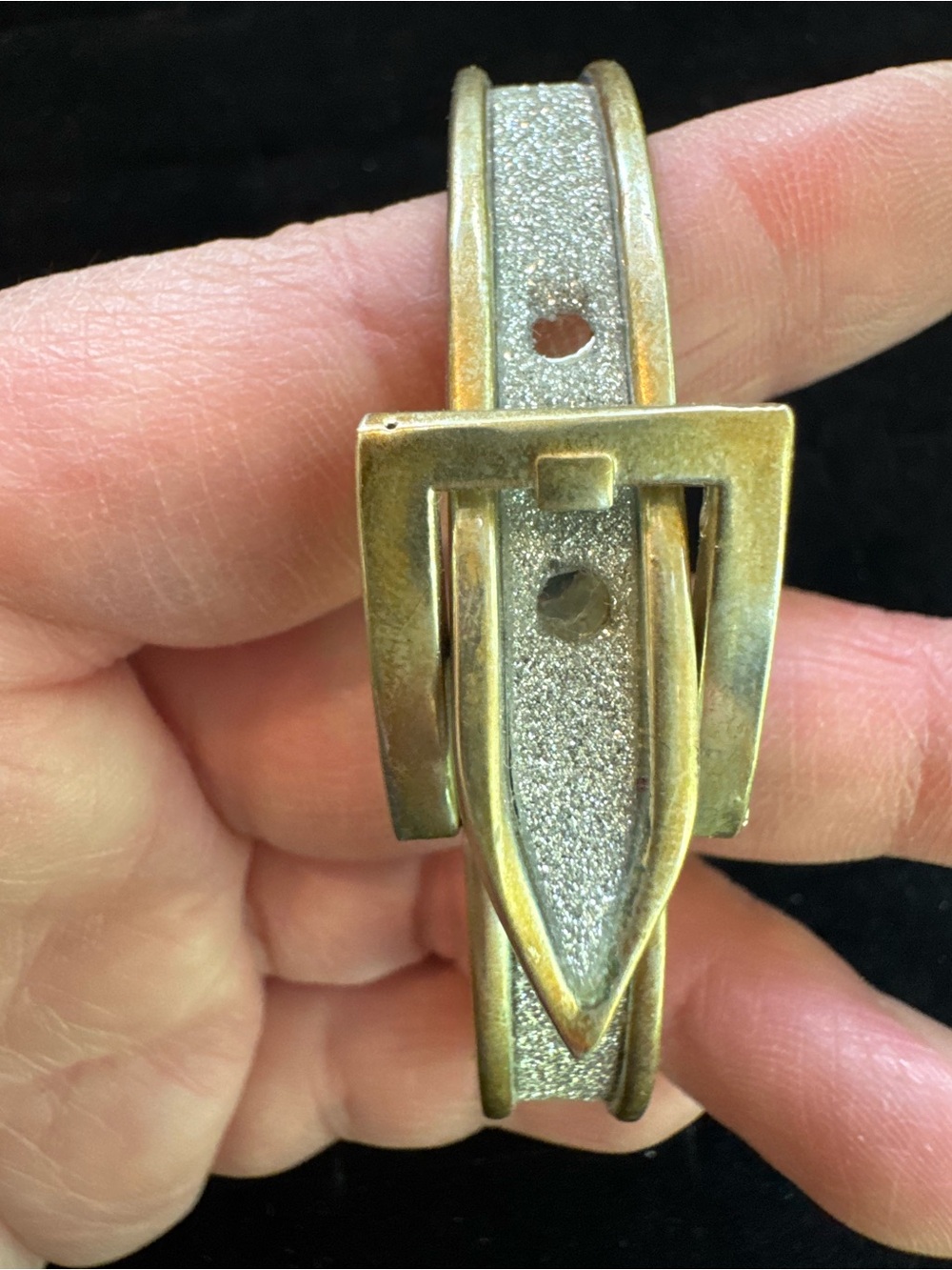 Gold Silver Tone Belt Buckle Bracelet Glitter Adjustable Hinged Statement Bangle